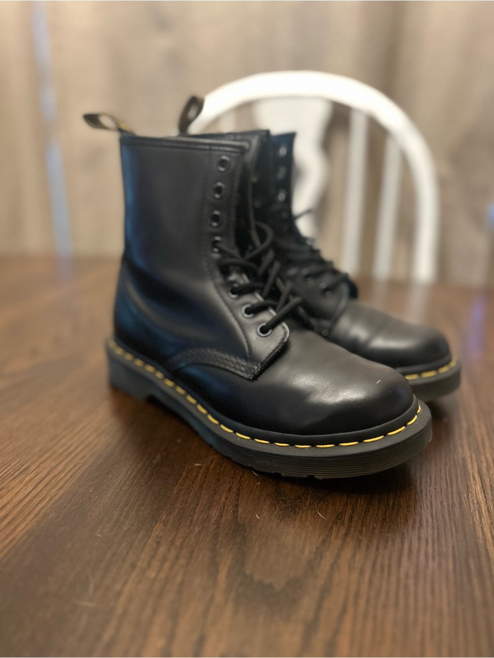 Dr. Martens Black Leather Lace-Up Boots with Yellow Stitching